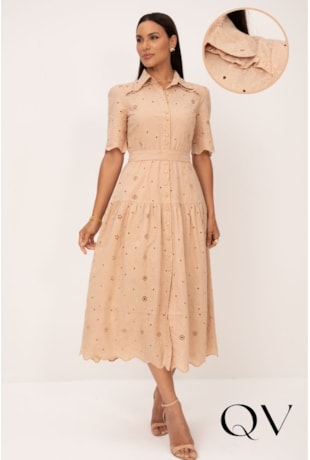 VESTIDO CHEMISE MIDI EM LAISE BORDADA BEGE - LEKAZIS