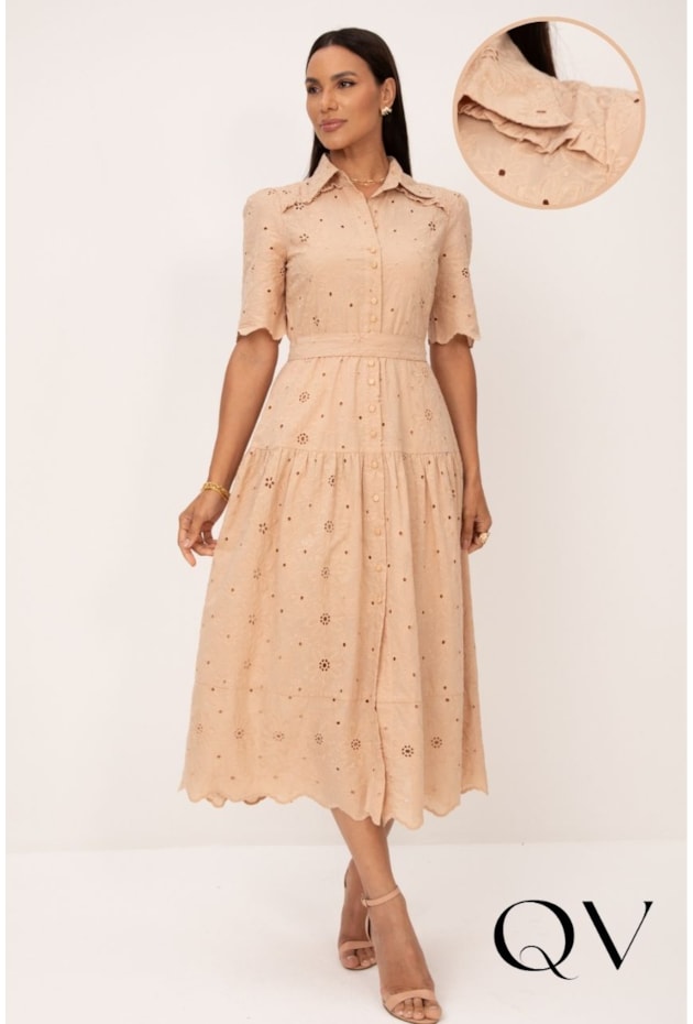 VESTIDO CHEMISE MIDI EM LAISE BORDADA BEGE - LEKAZIS