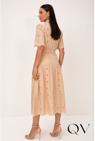 VESTIDO CHEMISE MIDI EM LAISE BORDADA BEGE - LEKAZIS