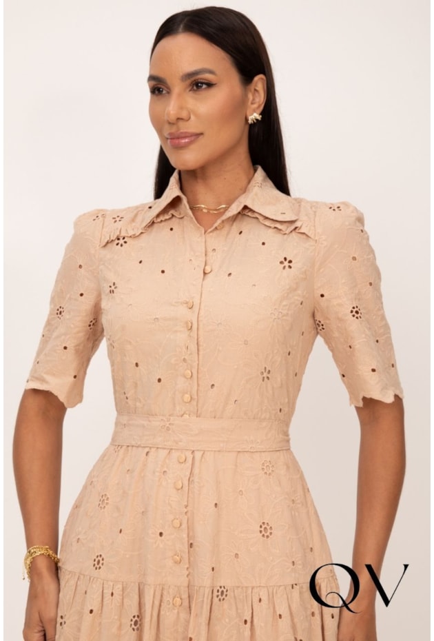 VESTIDO CHEMISE MIDI EM LAISE BORDADA BEGE - LEKAZIS