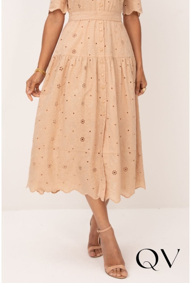 VESTIDO CHEMISE MIDI EM LAISE BORDADA BEGE - LEKAZIS