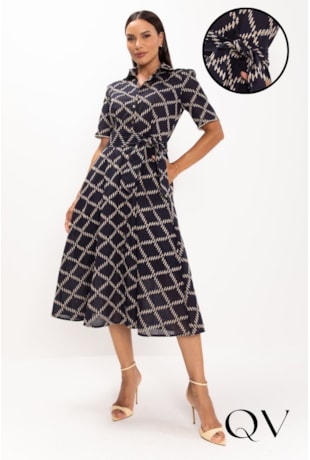 VESTIDO CHEMISE MIDI EM LAISE BORDADO AZUL MARINHO - LEKAZIS
