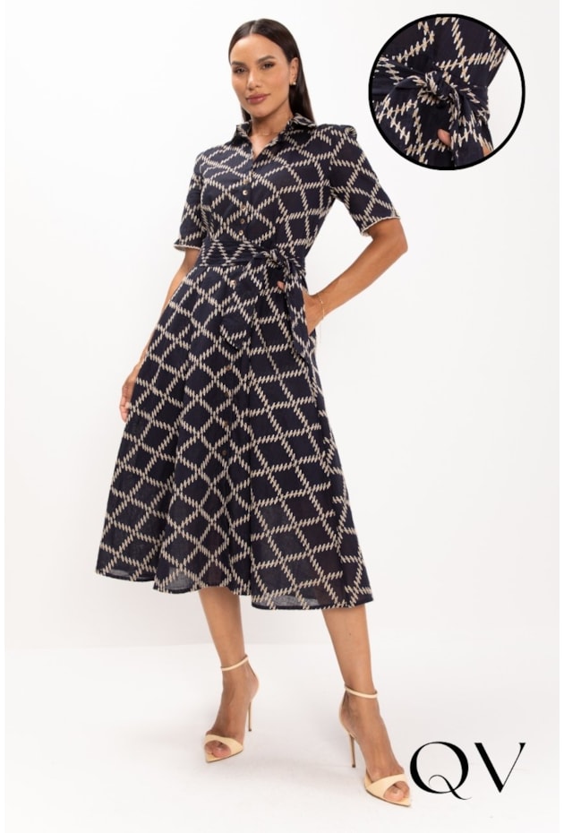 VESTIDO CHEMISE MIDI EM LAISE BORDADO AZUL MARINHO - LEKAZIS