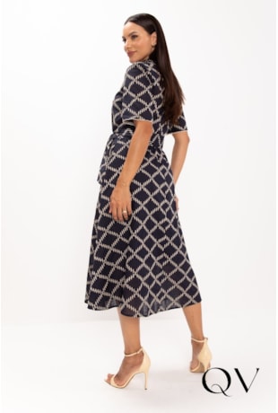VESTIDO CHEMISE MIDI EM LAISE BORDADO AZUL MARINHO - LEKAZIS