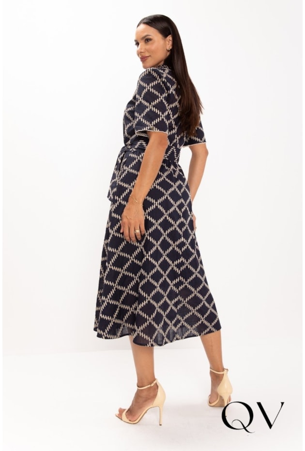 VESTIDO CHEMISE MIDI EM LAISE BORDADO AZUL MARINHO - LEKAZIS