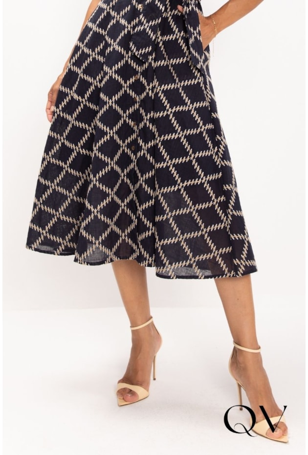 VESTIDO CHEMISE MIDI EM LAISE BORDADO AZUL MARINHO - LEKAZIS