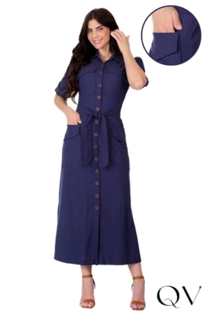 VESTIDO CHEMISE MIDI EM LINHO AZUL MARINHO - HAPUK