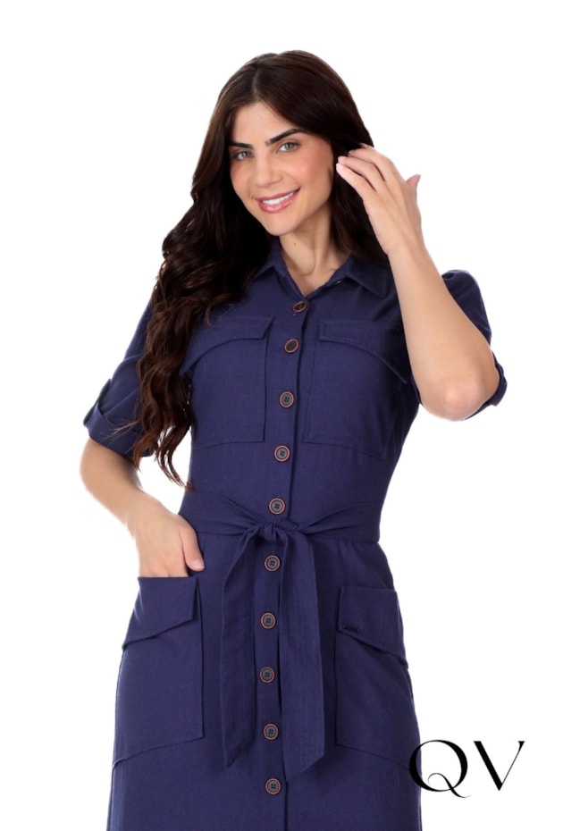 VESTIDO CHEMISE MIDI EM LINHO AZUL MARINHO - HAPUK