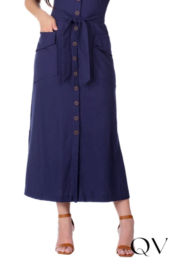 VESTIDO CHEMISE MIDI EM LINHO AZUL MARINHO - HAPUK
