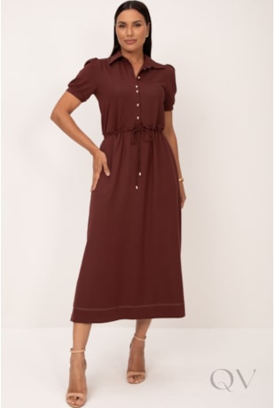 VESTIDO CHEMISE MIDI EM MALHA MARBELLA MARROM PESPONTADO OFF - LEKAZIS