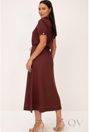 VESTIDO CHEMISE MIDI EM MALHA MARBELLA MARROM PESPONTADO OFF - LEKAZIS