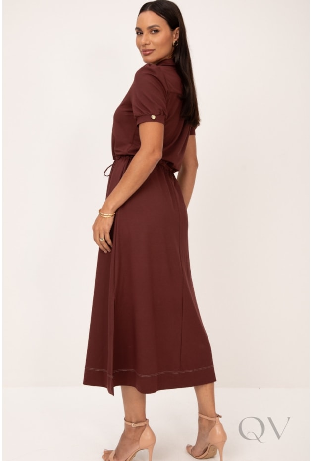 VESTIDO CHEMISE MIDI EM MALHA MARBELLA MARROM PESPONTADO OFF - LEKAZIS