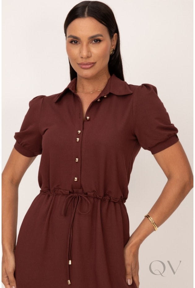 VESTIDO CHEMISE MIDI EM MALHA MARBELLA MARROM PESPONTADO OFF - LEKAZIS