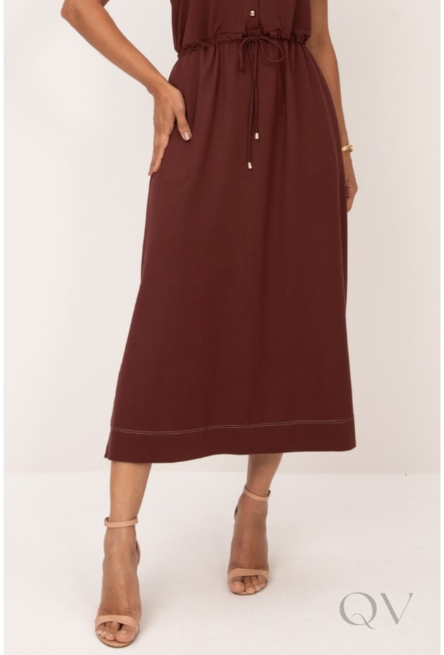 VESTIDO CHEMISE MIDI EM MALHA MARBELLA MARROM PESPONTADO OFF - LEKAZIS