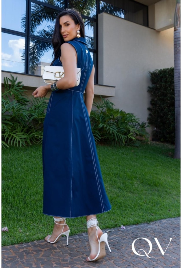 VESTIDO CHEMISE MIDI EM SARJA AZUL MARINHO - LUZIA FAZZOLLI