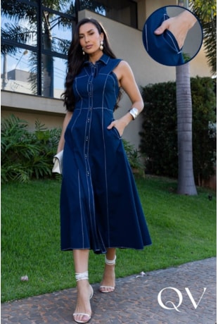 VESTIDO CHEMISE MIDI EM SARJA AZUL MARINHO - LUZIA FAZZOLLI