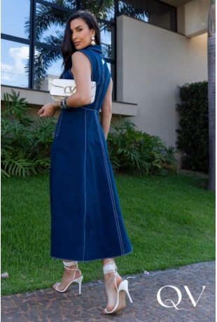 VESTIDO CHEMISE MIDI EM SARJA AZUL MARINHO - LUZIA FAZZOLLI