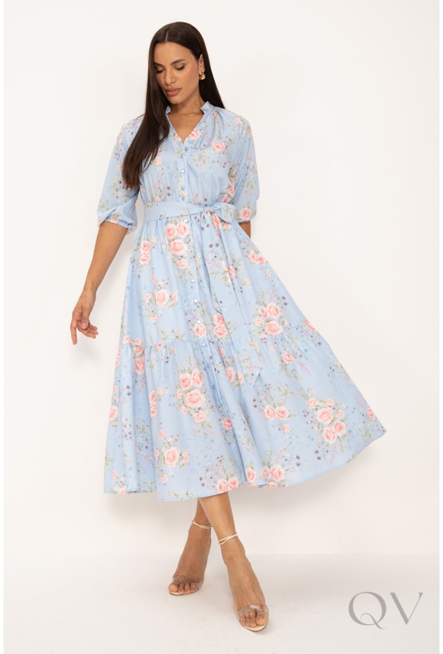 VESTIDO CHEMISE MIDI EM SOFT FLORAL AZUL CLARO - LEKAZIS