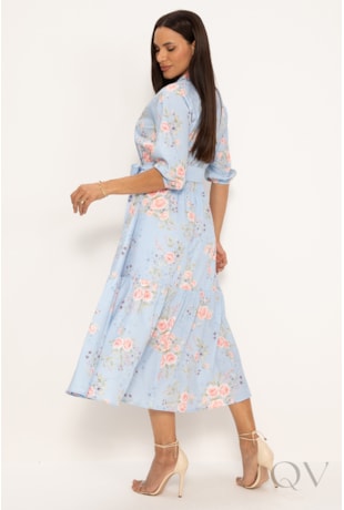 VESTIDO CHEMISE MIDI EM SOFT FLORAL AZUL CLARO - LEKAZIS