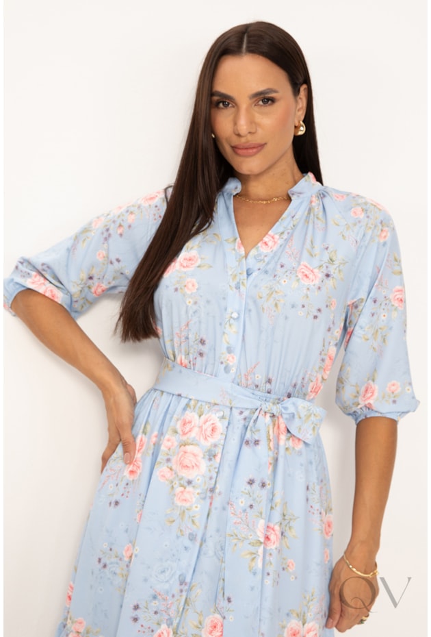 VESTIDO CHEMISE MIDI EM SOFT FLORAL AZUL CLARO - LEKAZIS VESTIDO CHEMISE MIDI EM SOFT FLORAL AZUL CLARO - LEKAZIS