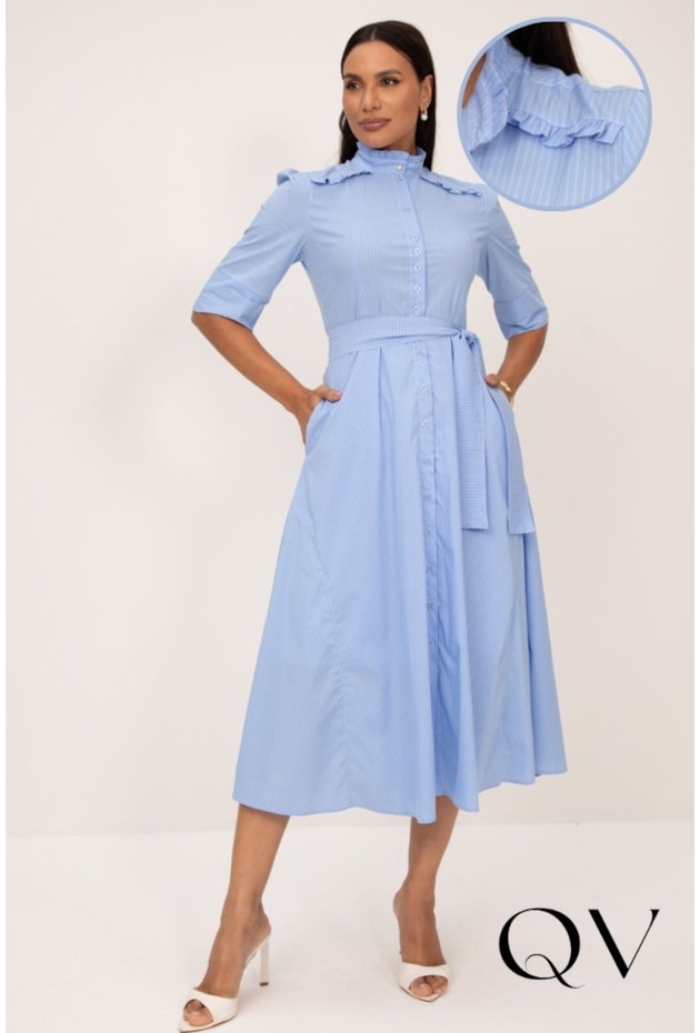 VESTIDO CHEMISE MIDI EM TRICOLINE LISTRADO AZUL - LEKAZIS