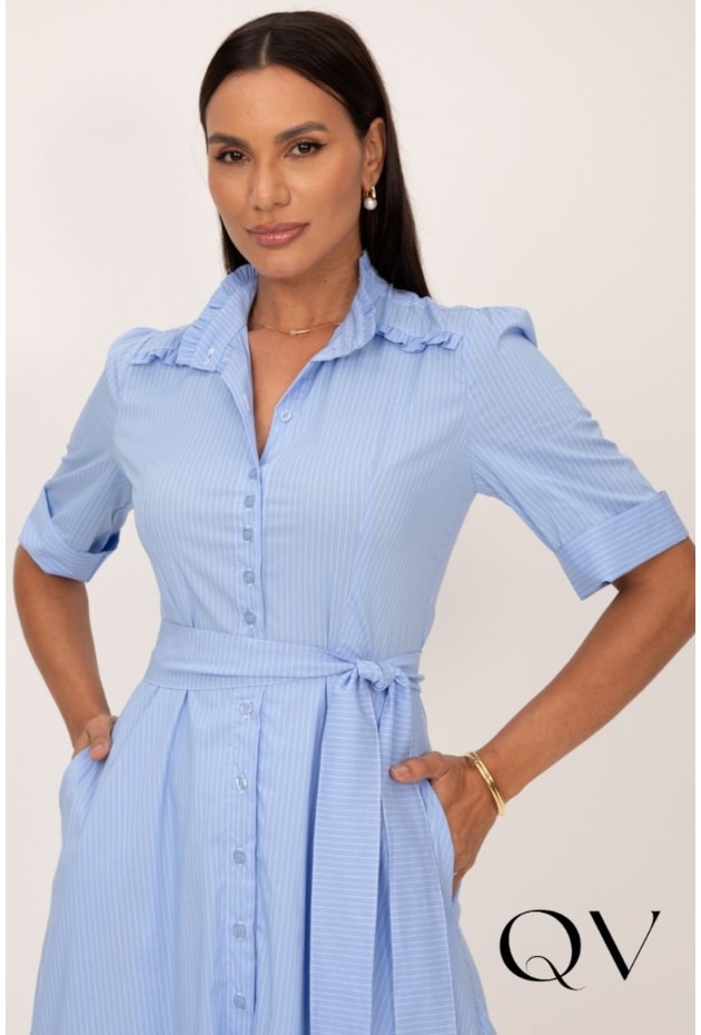 VESTIDO CHEMISE MIDI EM TRICOLINE LISTRADO AZUL - LEKAZIS