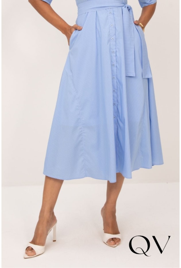 VESTIDO CHEMISE MIDI EM TRICOLINE LISTRADO AZUL - LEKAZIS
