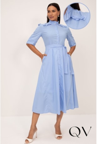 VESTIDO CHEMISE MIDI EM TRICOLINE LISTRADO AZUL - LEKAZIS