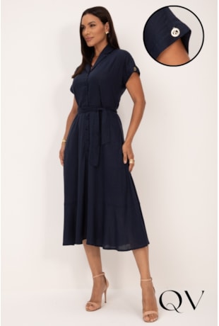 VESTIDO CHEMISE MIDI EM VISCOLINHO AZUL MARINHO - LEKAZIS