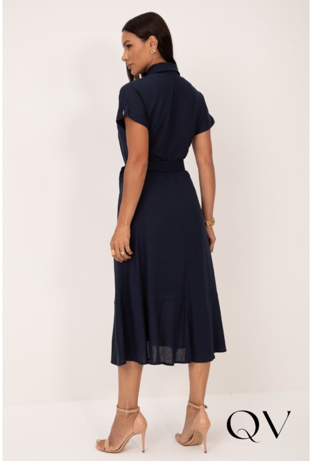 VESTIDO CHEMISE MIDI EM VISCOLINHO AZUL MARINHO - LEKAZIS