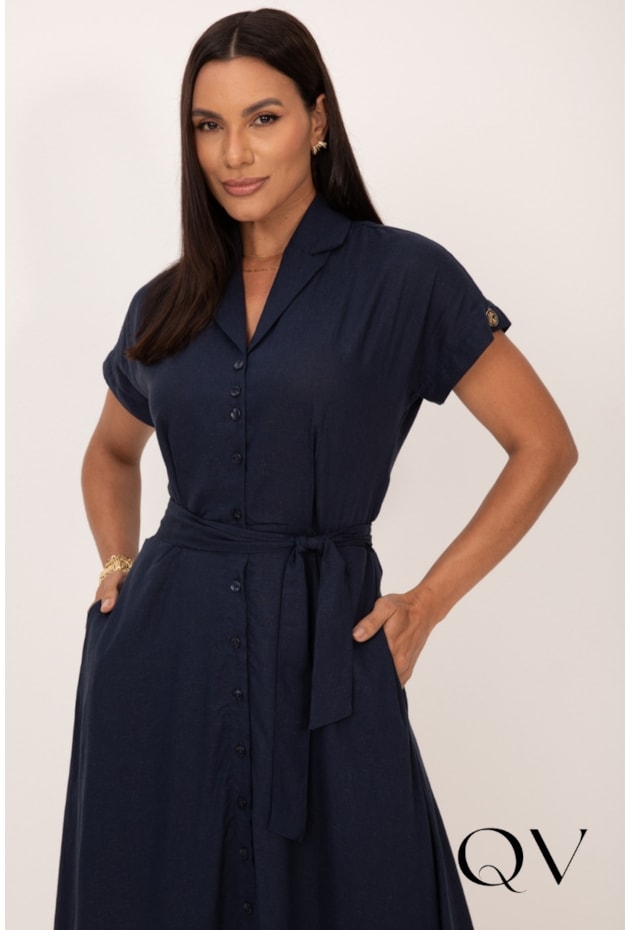 VESTIDO CHEMISE MIDI EM VISCOLINHO AZUL MARINHO - LEKAZIS