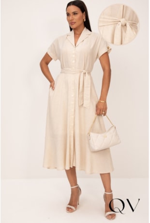 VESTIDO CHEMISE MIDI EM VISCOLINHO CRU - LEKAZIS