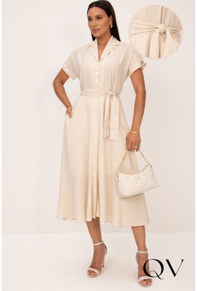 VESTIDO CHEMISE MIDI EM VISCOLINHO CRU - LEKAZIS