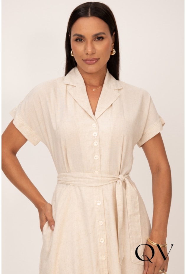 VESTIDO CHEMISE MIDI EM VISCOLINHO CRU - LEKAZIS