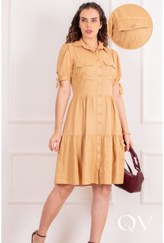 VESTIDO CHEMISE MIDI EM VISCOSE BEGE - PURO SHARMY