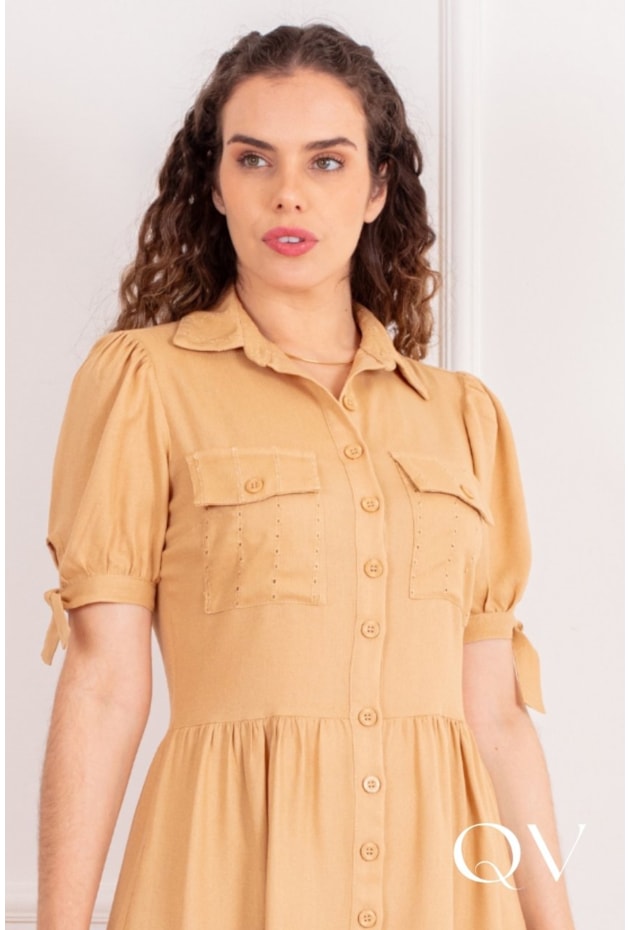 VESTIDO CHEMISE MIDI EM VISCOSE BEGE - PURO SHARMY