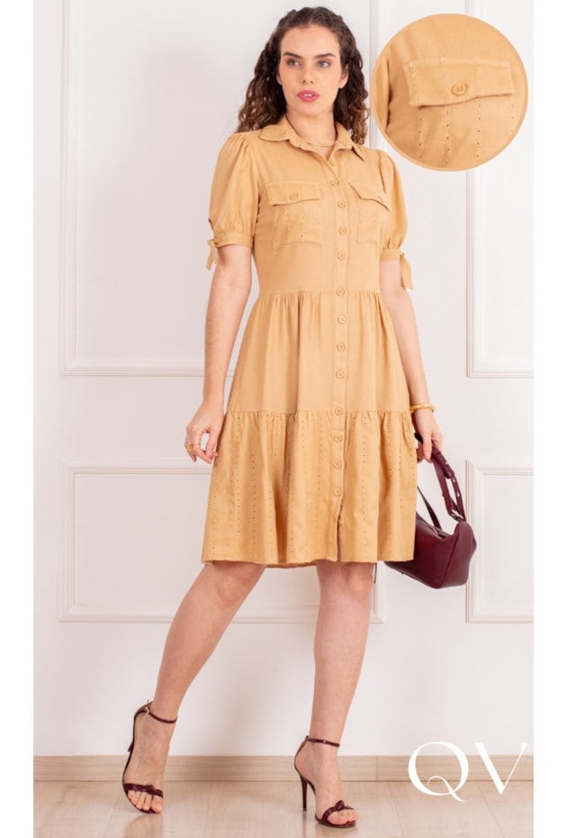 VESTIDO CHEMISE MIDI EM VISCOSE BEGE - PURO SHARMY