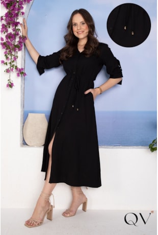 VESTIDO CHEMISE MIDI EM VISCOSE PRETO - LEKAZIS