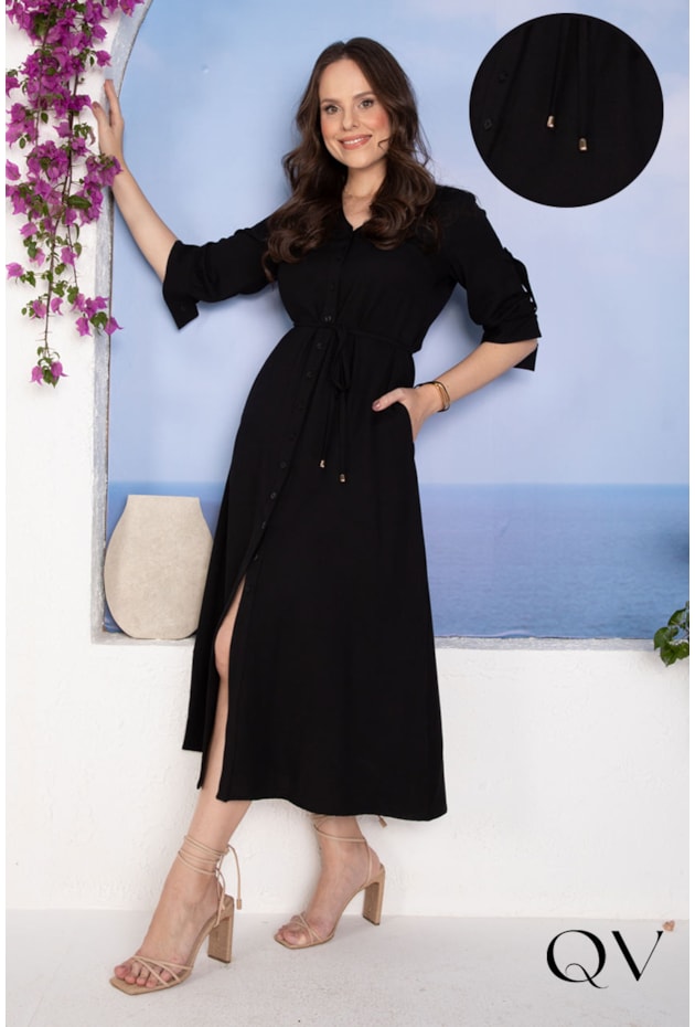 VESTIDO CHEMISE MIDI EM VISCOSE PRETO - LEKAZIS