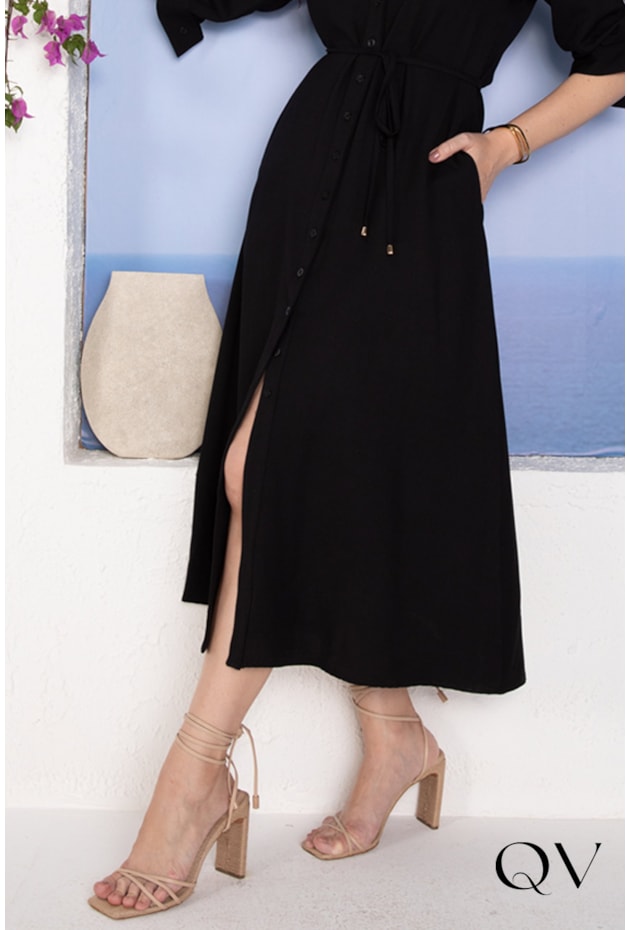 VESTIDO CHEMISE MIDI EM VISCOSE PRETO - LEKAZIS