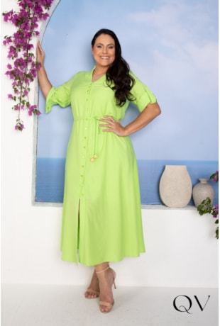 VESTIDO CHEMISE MIDI EM VISCOSE VERDE LIMA - LEKAZIS