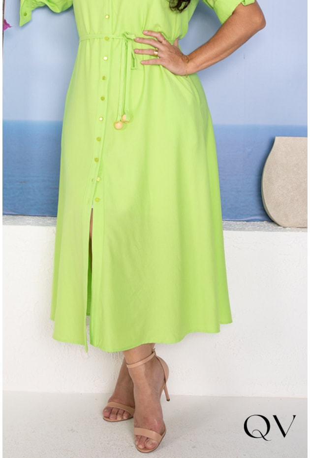 VESTIDO CHEMISE MIDI EM VISCOSE VERDE LIMA - LEKAZIS