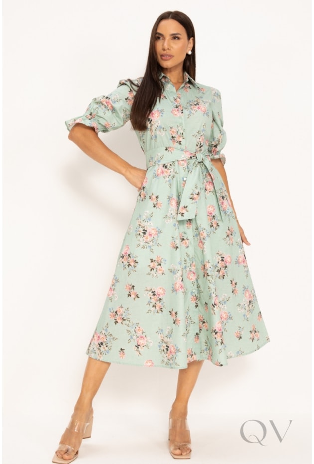 VESTIDO CHEMISE MIDI FLORAL EM ALGODÃO VERDE - LEKAZIS