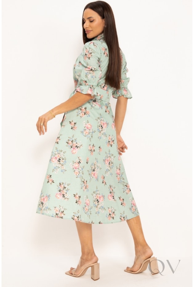 VESTIDO CHEMISE MIDI FLORAL EM ALGODÃO VERDE - LEKAZIS