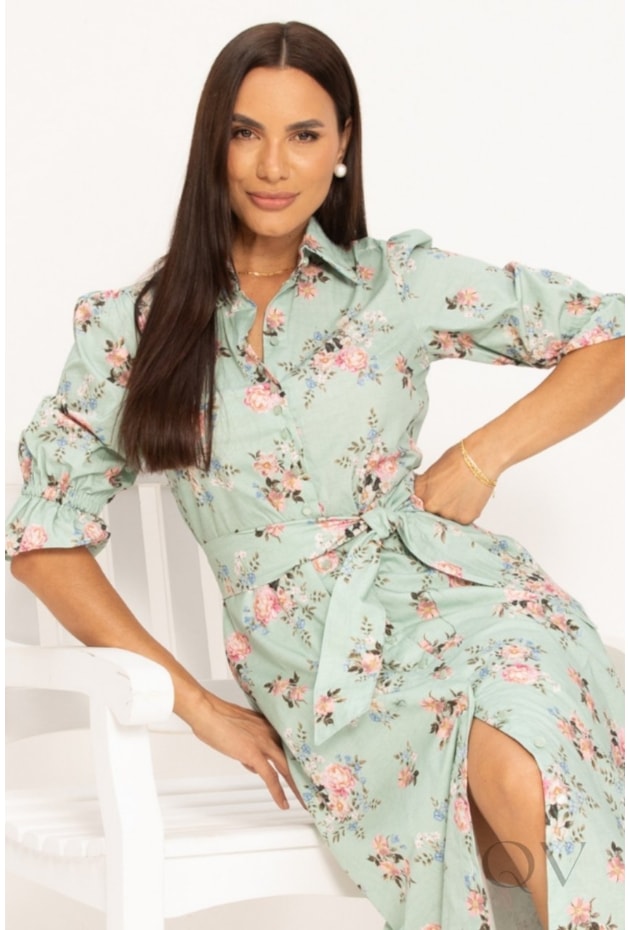 VESTIDO CHEMISE MIDI FLORAL EM ALGODÃO VERDE - LEKAZIS