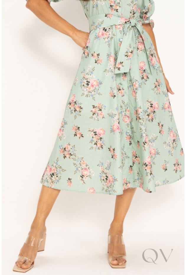 VESTIDO CHEMISE MIDI FLORAL EM ALGODÃO VERDE - LEKAZIS