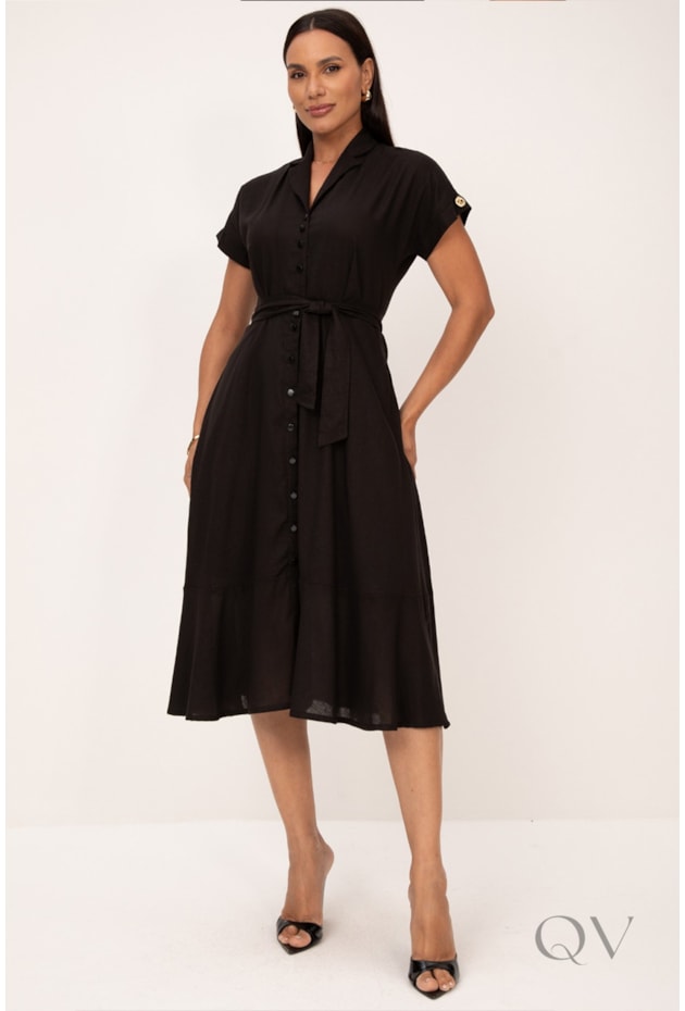 VESTIDO CHEMISE MIDI GODÊ EM VISCOLINHO PRETO - LEKAZIS