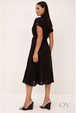 VESTIDO CHEMISE MIDI GODÊ EM VISCOLINHO PRETO - LEKAZIS