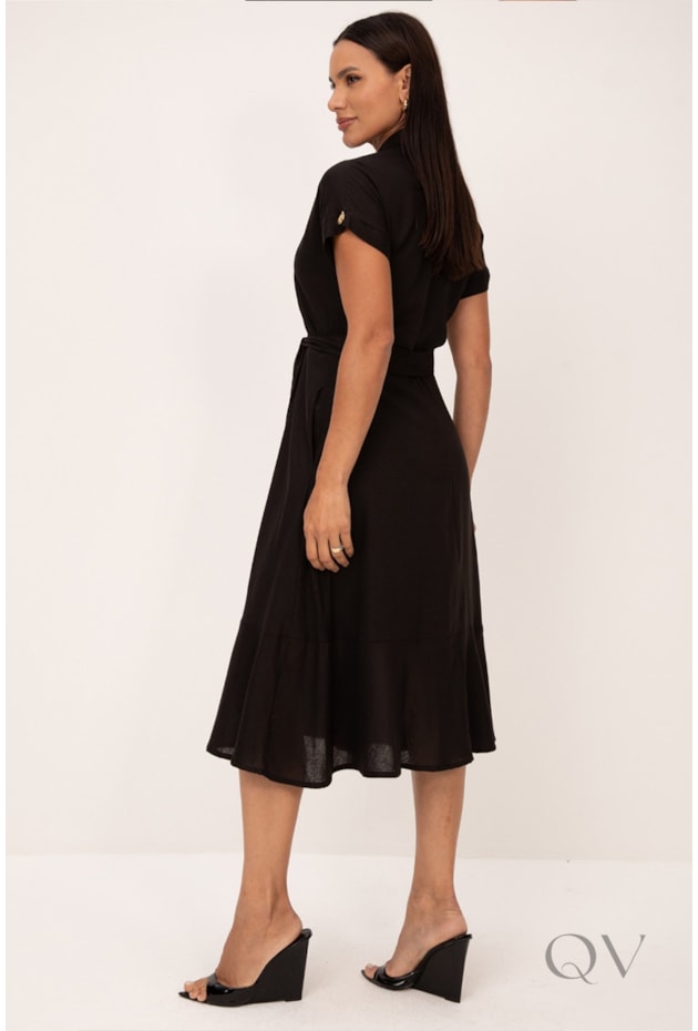 VESTIDO CHEMISE MIDI GODÊ EM VISCOLINHO PRETO - LEKAZIS