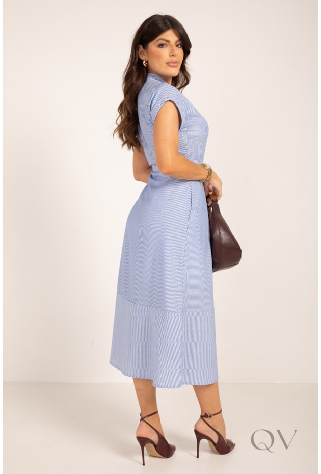 VESTIDO CHEMISE MIDI LISTRADO MANGA CURTA EM TRICOLINE AZUL - LEKAZIS